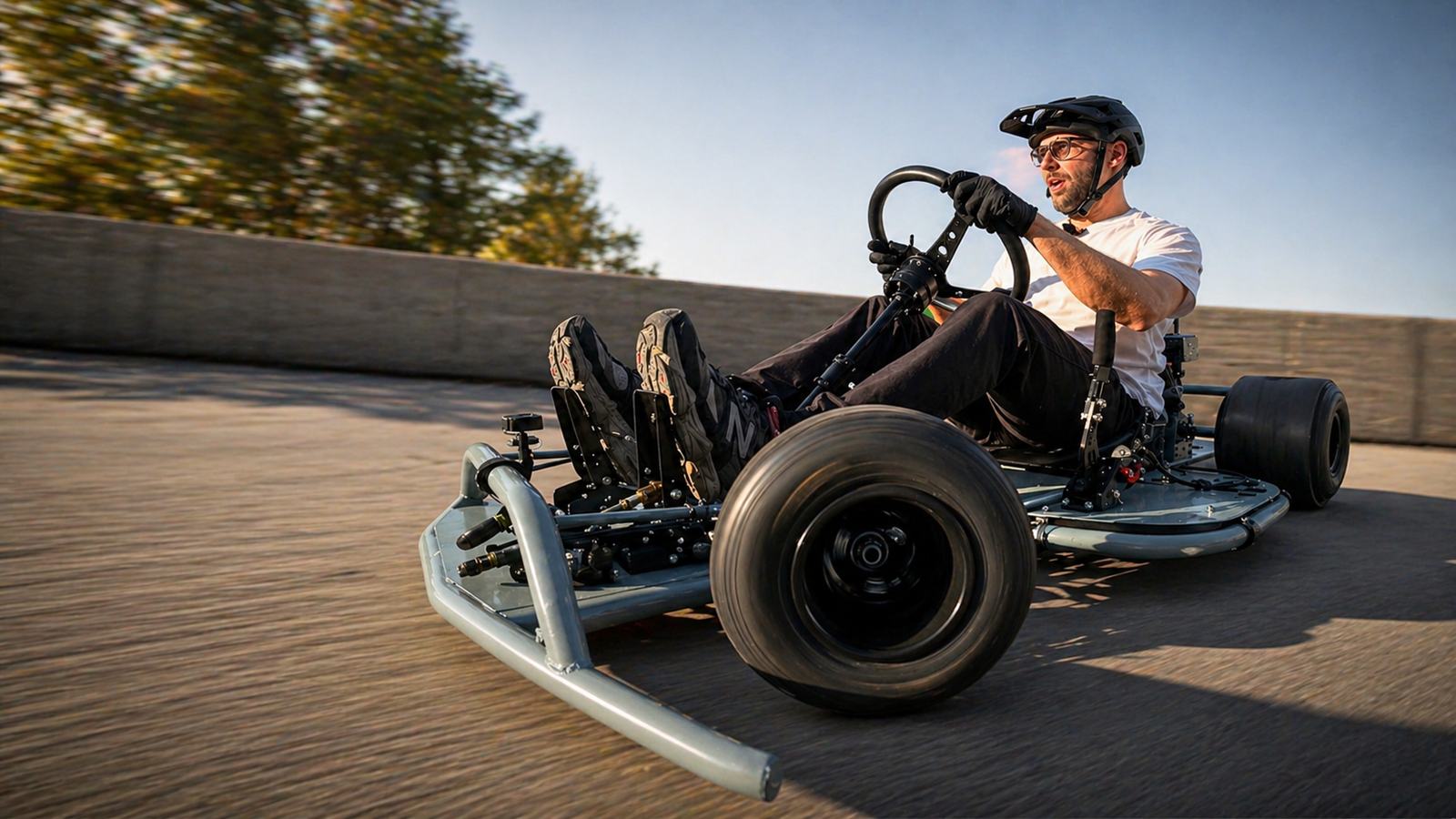 Driving the finished Dad Drift Kart at speed